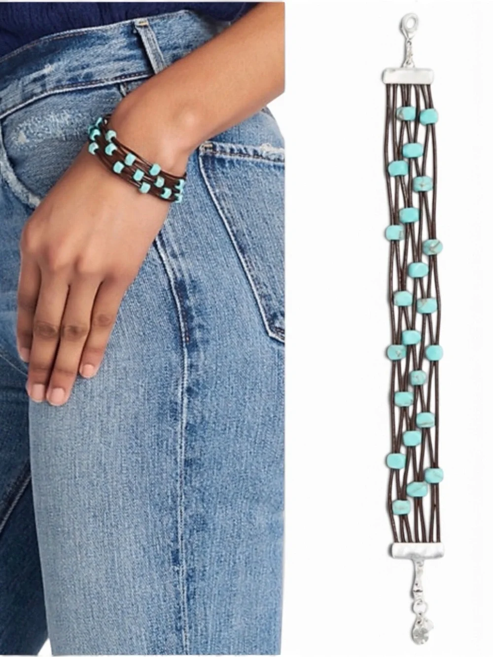 NEW Lucky Brand Turquoise Bead Black Leather Multi Cord Bracelet NWT